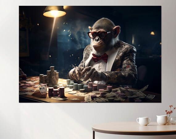 Monkey Playing Poker Suit Bow Tie Glasses Casino Night Wall Art Poster