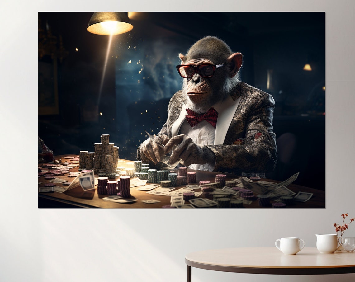 Monkey Playing Poker Suit Bow Tie Glasses Casino Night Wall Art Poster