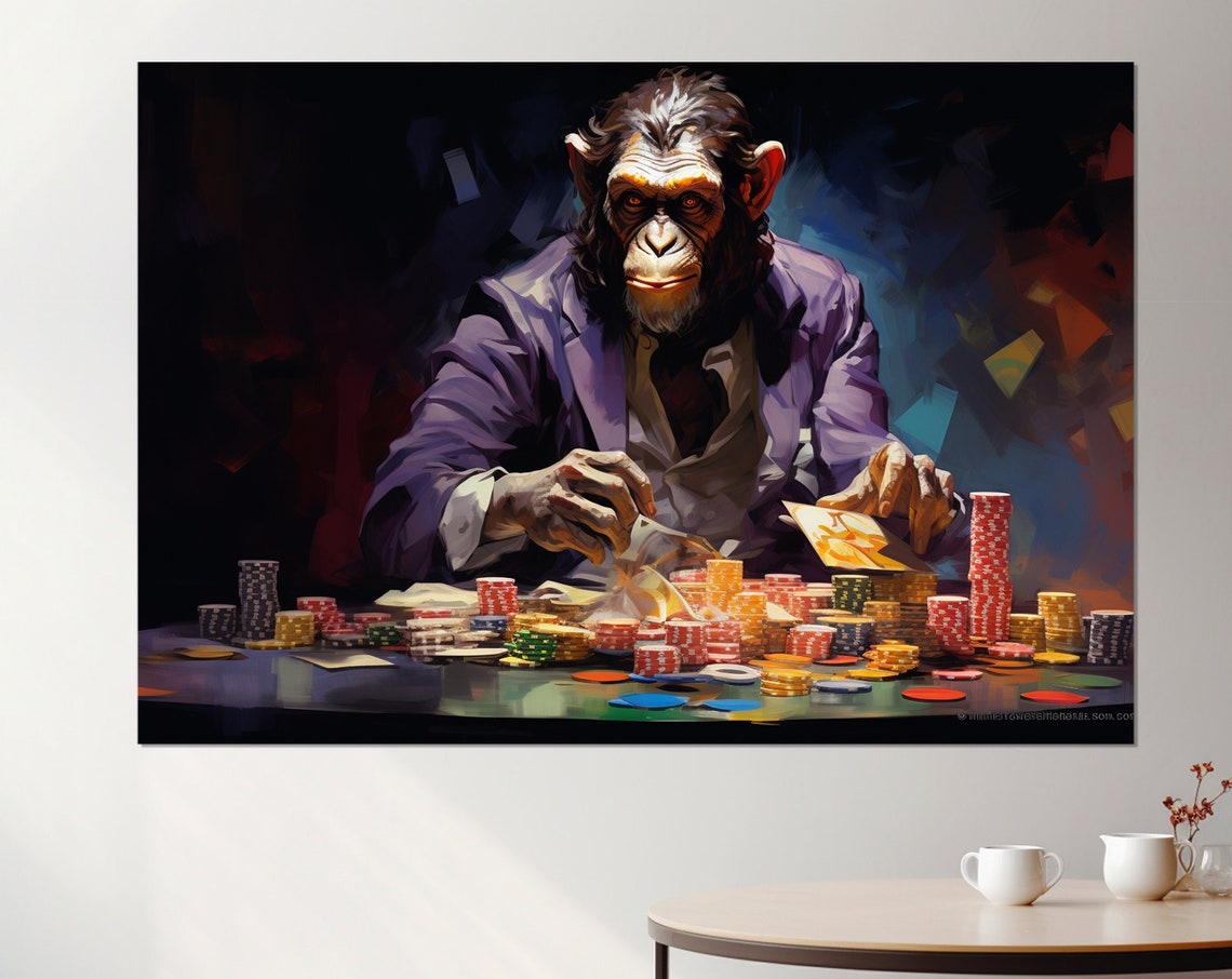Monkey Playing Poker Casino Chips Cards Funny Animal Gambler Poster