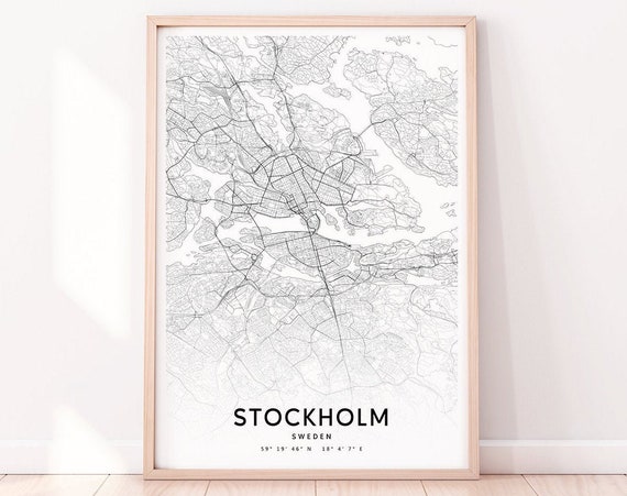 Stockholm Map Print Sweden Art Poster City Street Road Black White Modern Home Office Decor Wall