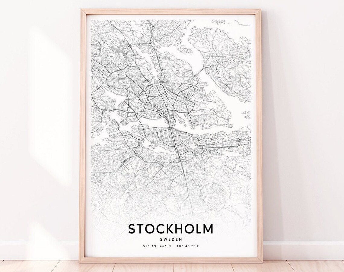 Stockholm Sweden City Street Map Black White Minimalist Wall Art