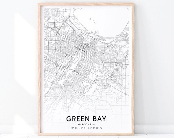 Green Bay Map Print Wisconsin Art Poster City Street Road Black White Modern Wall Home Office Decor