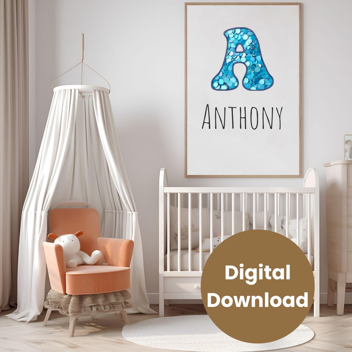 Blue Sequin Letter A Sparkle Personalized Nursery Name Digital Poster - Image 3