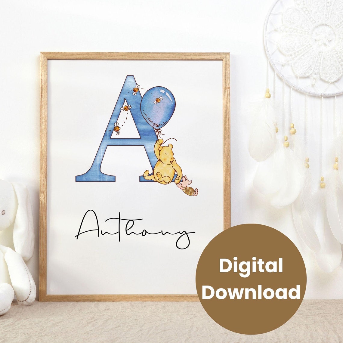 Blue Balloon Bear Personalized Letter A Nursery Name Digital Poster