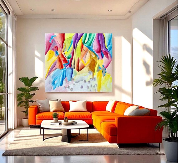 Colorful Abstract Modern Painting Pink Blue Yellow Vibrant Canvas Wall Art