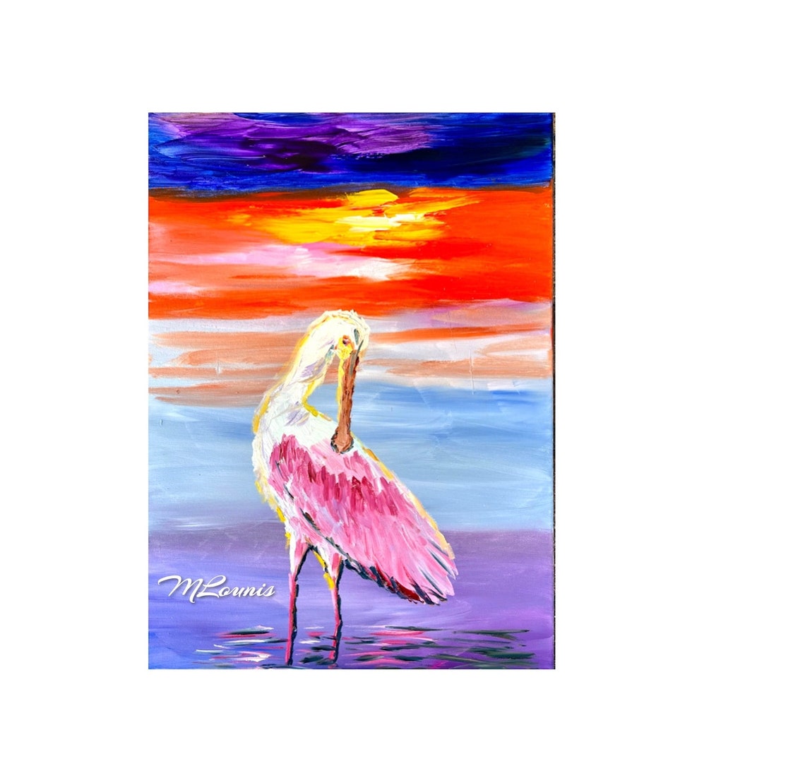 Roseate Spoonbill Sunset Painting Pink Bird Orange Sky Signed Poster