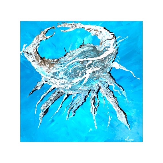 Coastal Wall Art Abstract Painting Blue Crab Wall Art Florida Underwater Wall Decor Crab Wall Art Turquoise Blue Modern Art Large Wall Art