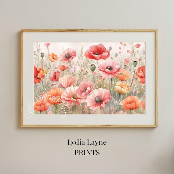 Coral Poppy Field Watercolor Wildflower Meadow Floral Art Print
