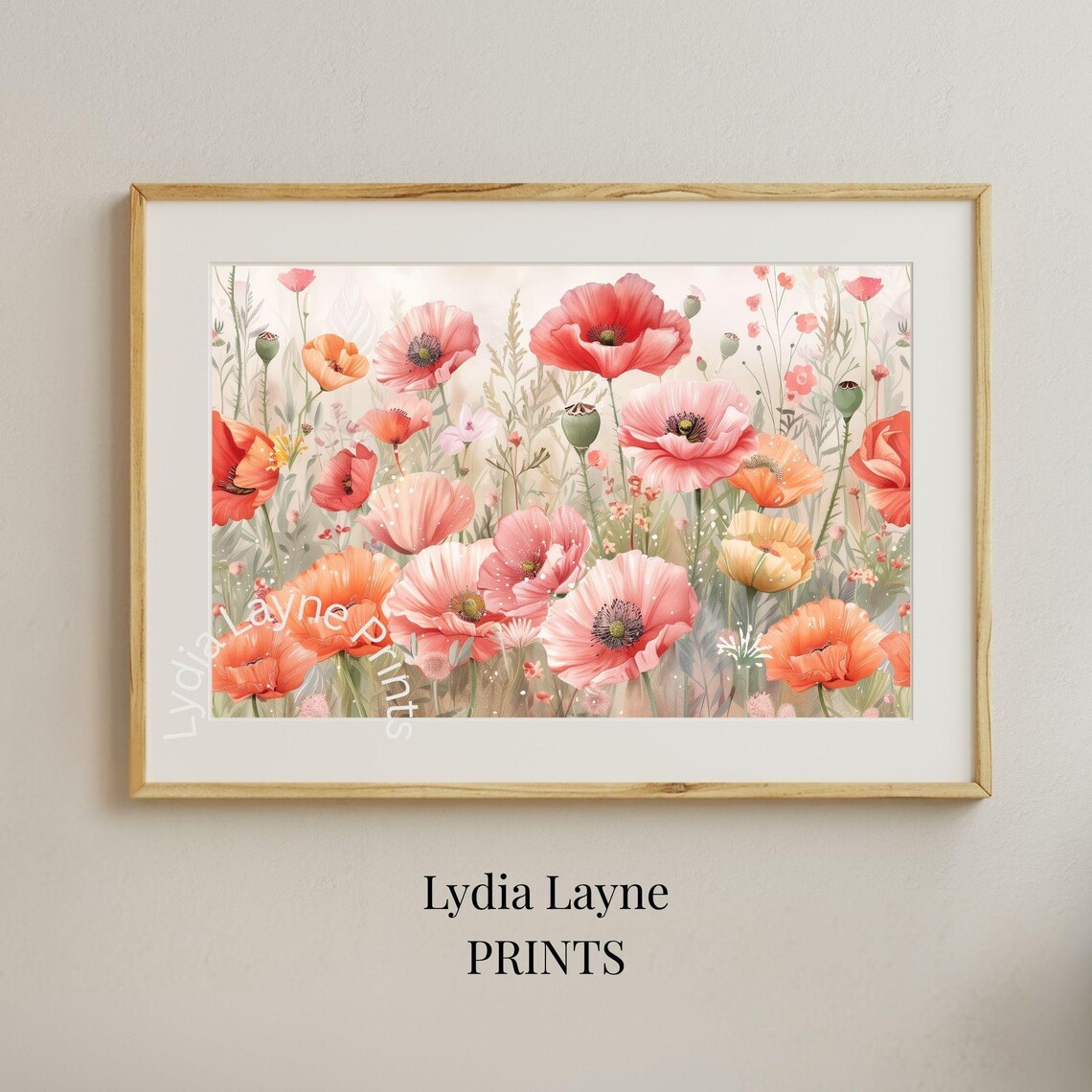 Coral Poppy Field Watercolor Wildflower Meadow Floral Art Print