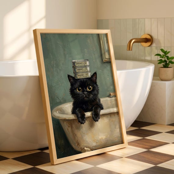 Black Cat In Bathtub Wall Art Sardine Tin Print Quirky Bathroom Decor Moody Green Bath Poster Funny Vintage Painting