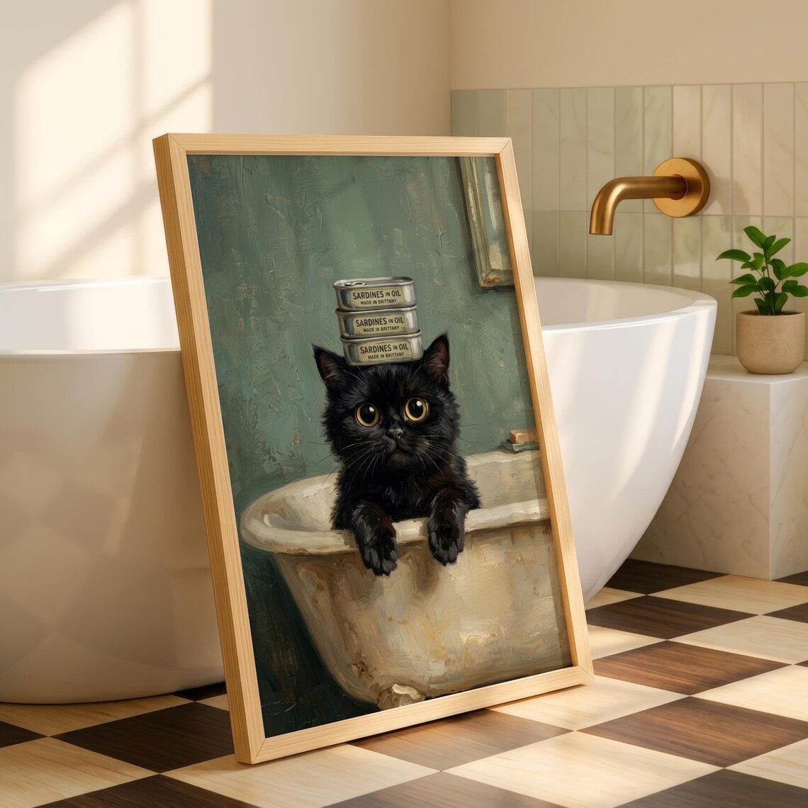 Black Cat in Bathtub Balancing Sardine Tins on Head Quirky Art Poster