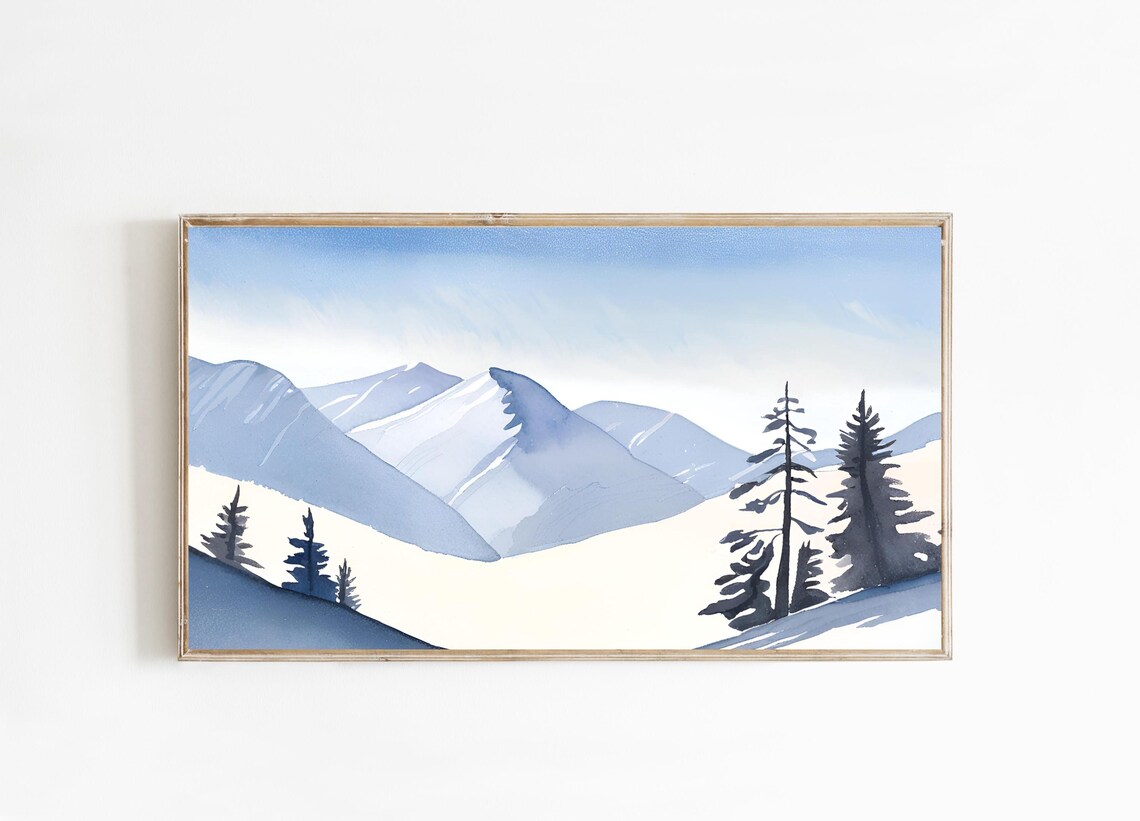 Snowy Blue Mountain Pines Watercolor Winter Landscape Poster
