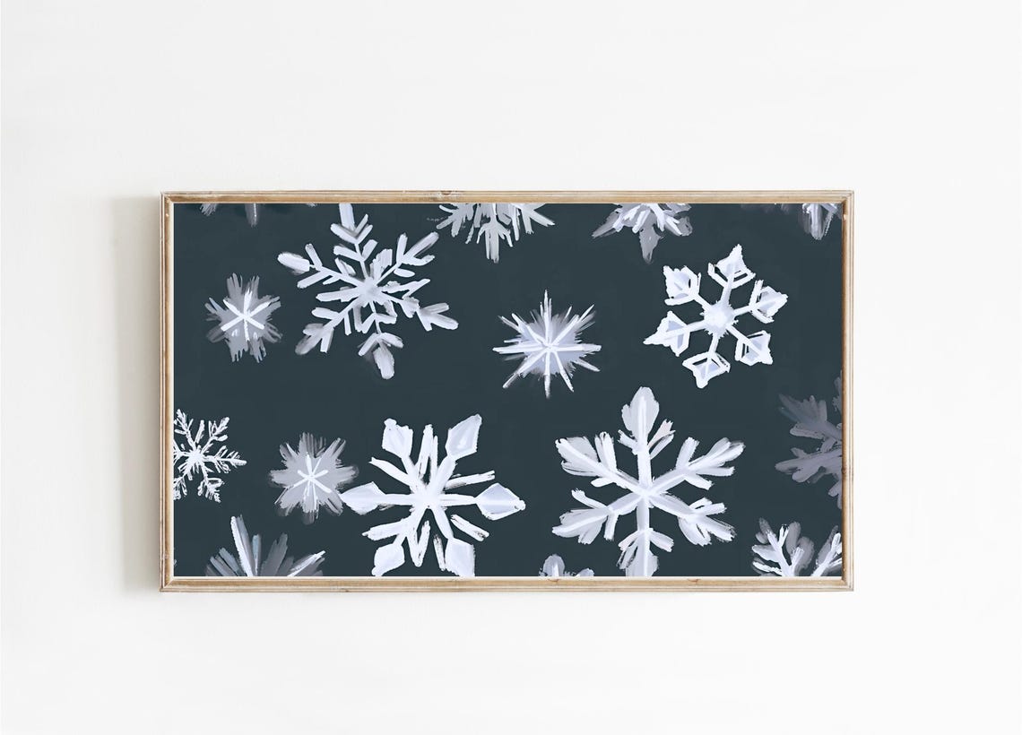 White Snowflakes Dark Green Winter Holiday Pattern Frame TV Poster