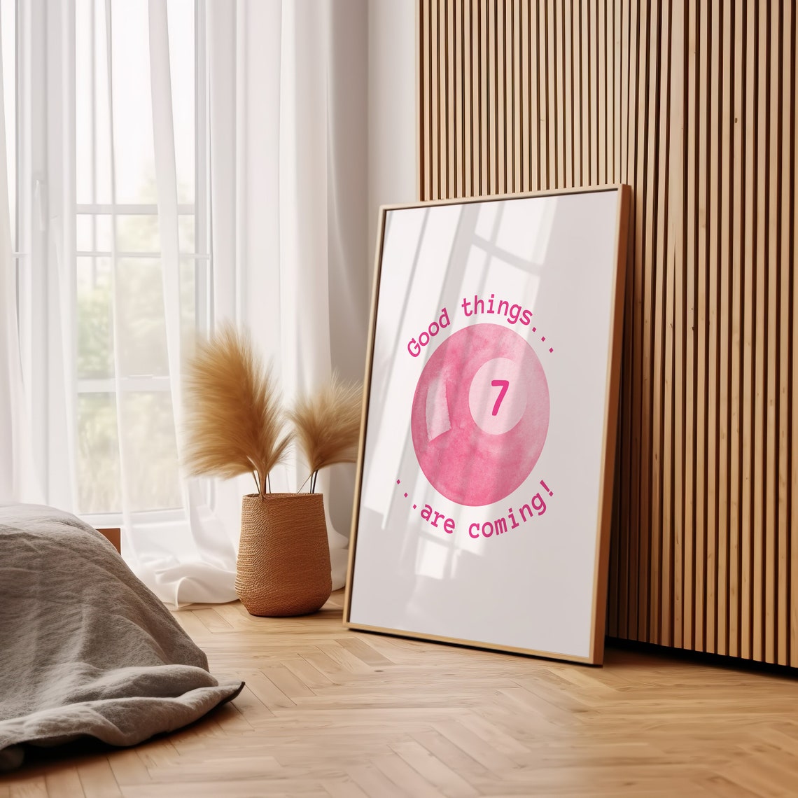 Good Things Are Coming Pink Watercolor Seven Ball Lucky Quote Poster - Image 2