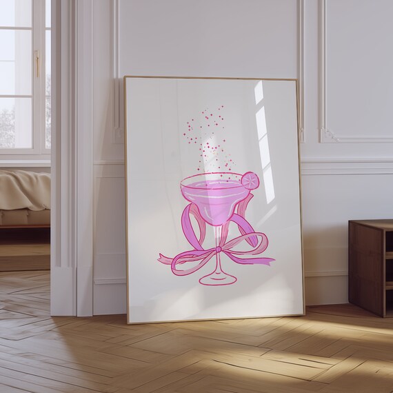 Pink Sparkling Cocktail Bow Coquette Bar Cart Art Poster For Her