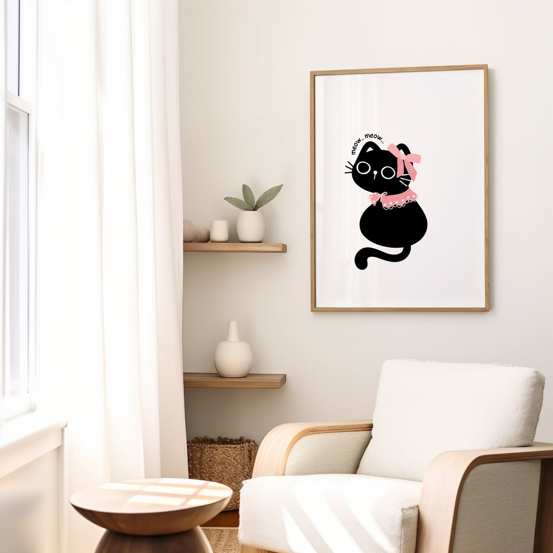Black Cat With Pink Bow Meow Coquette Cute Girly Room Art Poster - Image 2