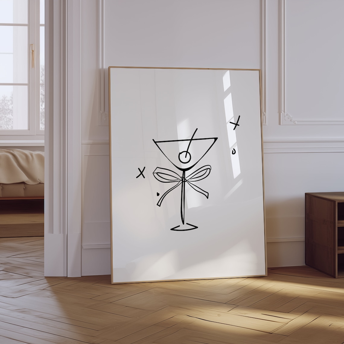 Minimalist Martini Glass Bow Line Drawing Black White Poster
