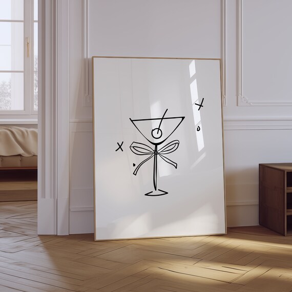 Minimalist Martini Glass Bow Line Drawing Black White Poster
