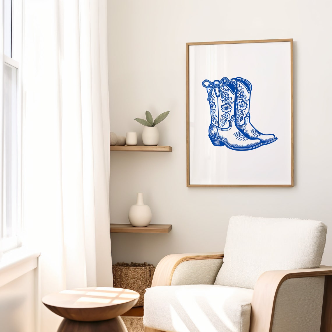 Blue Cowboy Boots Floral Stitch Bow Coastal Western Art Poster - Image 2