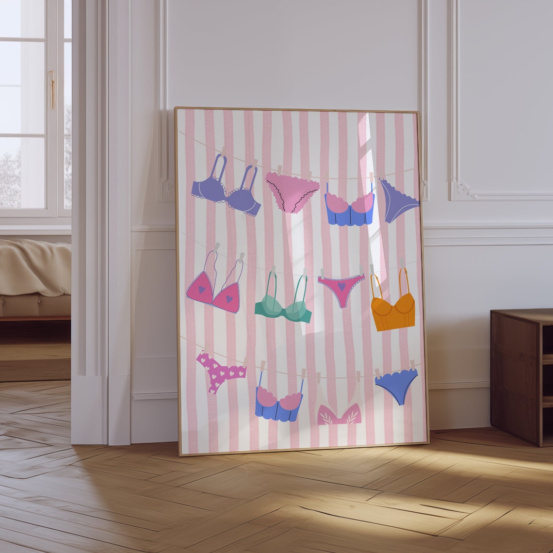 Colorful Bikinis On A Clothesline Pink Striped Laundry Art Poster