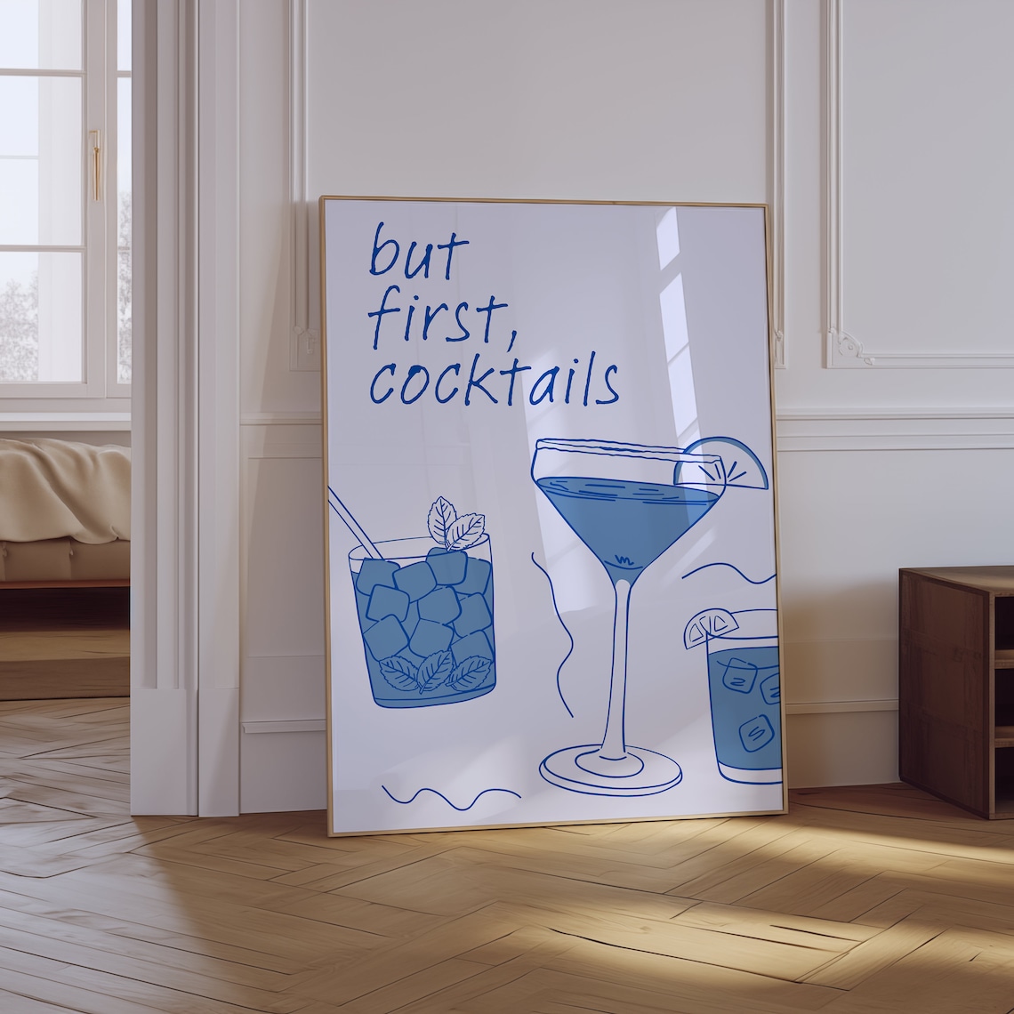 But First Cocktails Coastal Blue Line Art Cocktail Bar Cart Poster