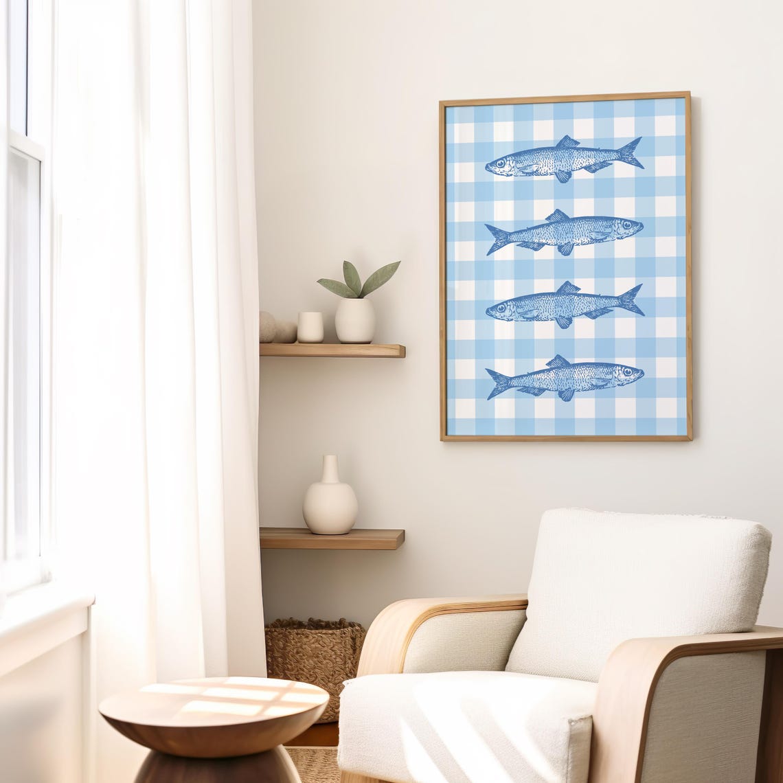 Blue Sardines Gingham Retro Fish Illustration Kitchen Poster - Image 3