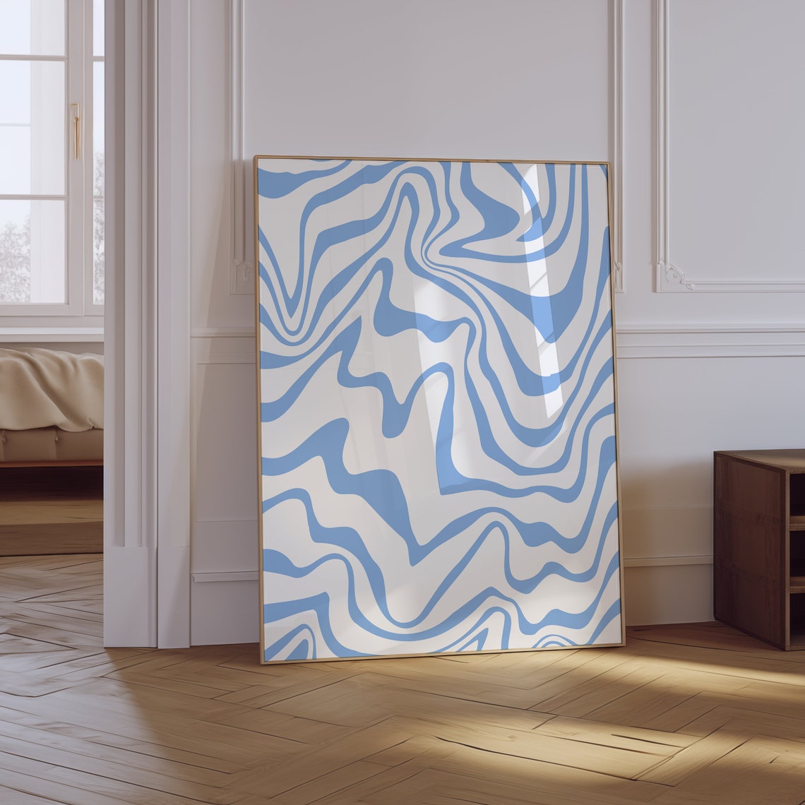 Blue White Wavy Abstract Lines Modern Minimal Aesthetic Wall Art - Image 2