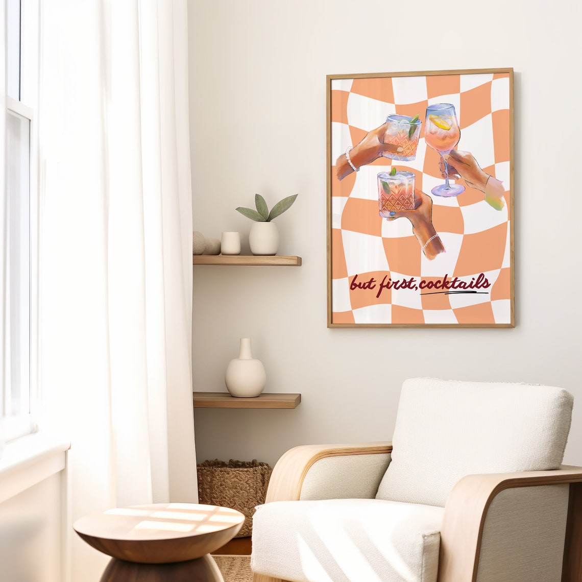 But First Cocktails Cheers Retro Checkered Cocktail Bar Cart Poster - Image 2