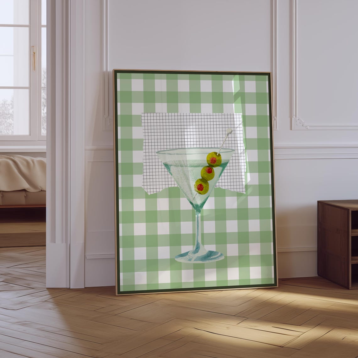 Extra Dirty Martini Olive Watercolor Green Gingham Bar Cart Poster