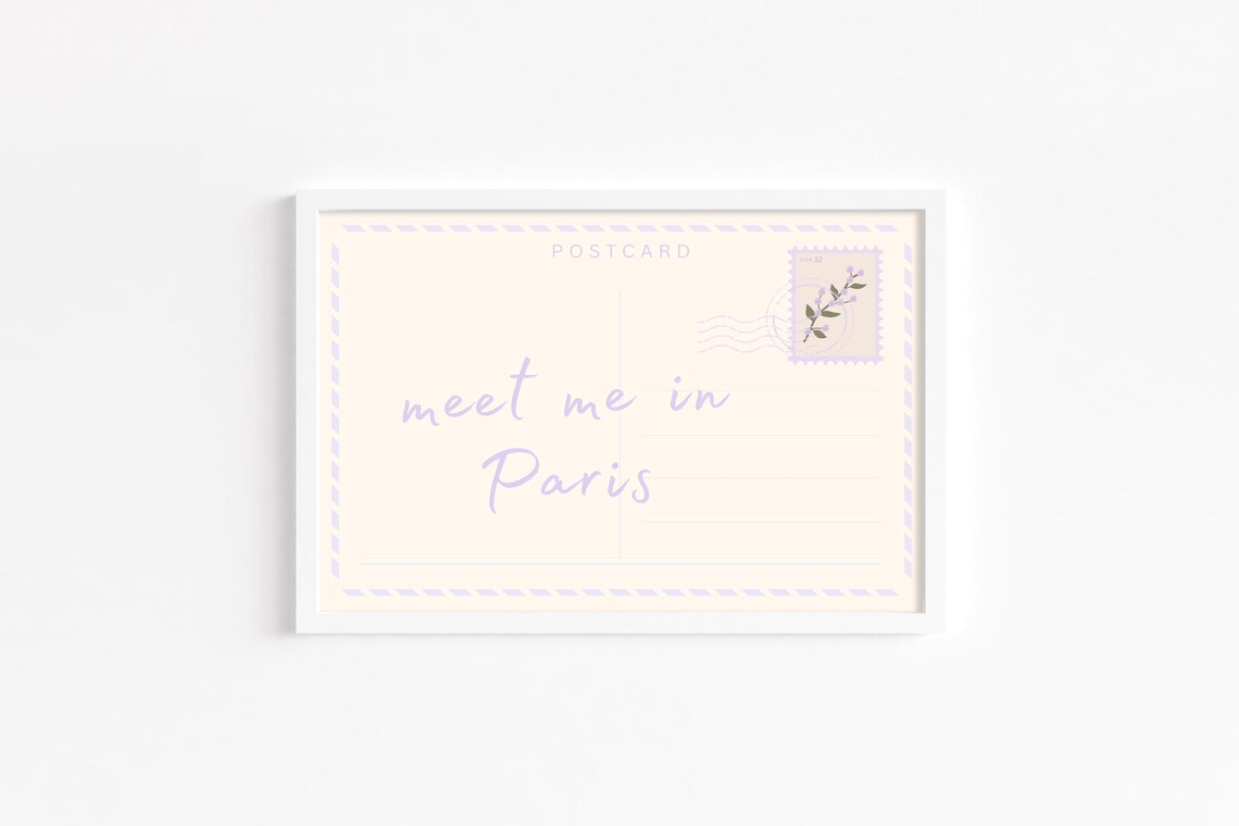 Meet Me In Paris Lavender Postcard Script French Travel Poster