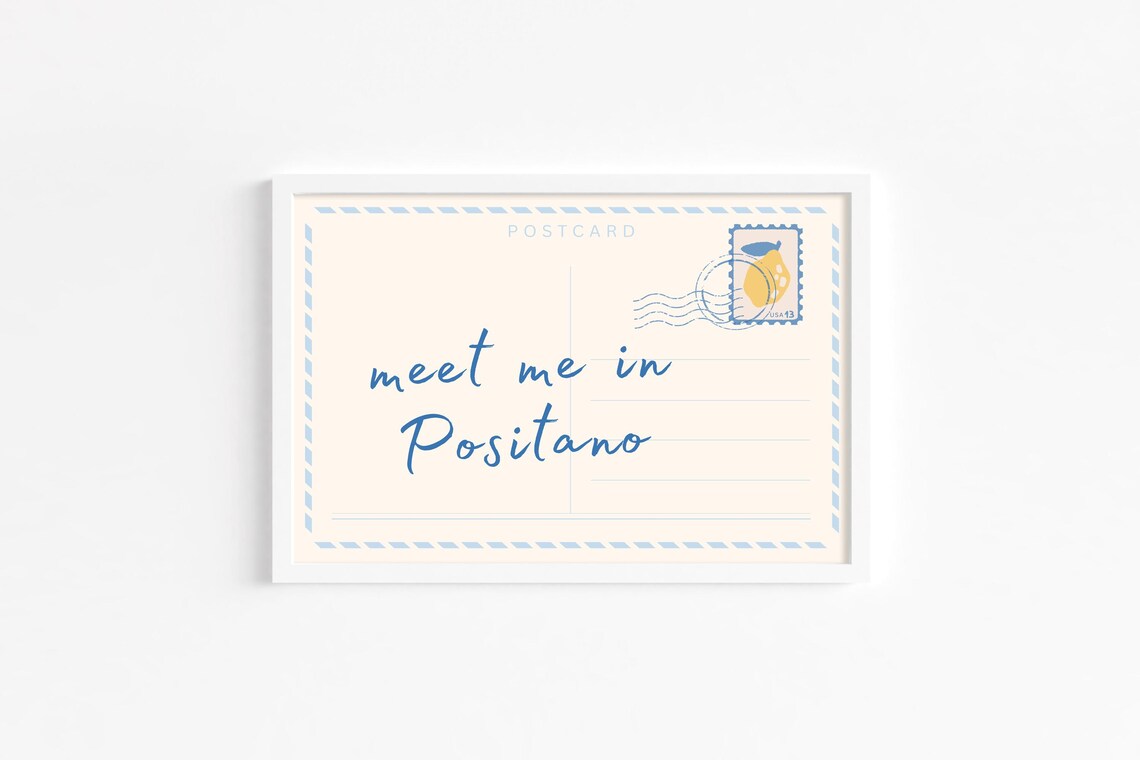 Meet Me In Positano Blue Postcard Style Travel Art Wall Poster