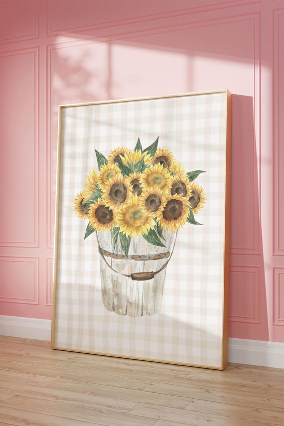Sunflowers In White Bucket On Beige Gingham Watercolor Poster