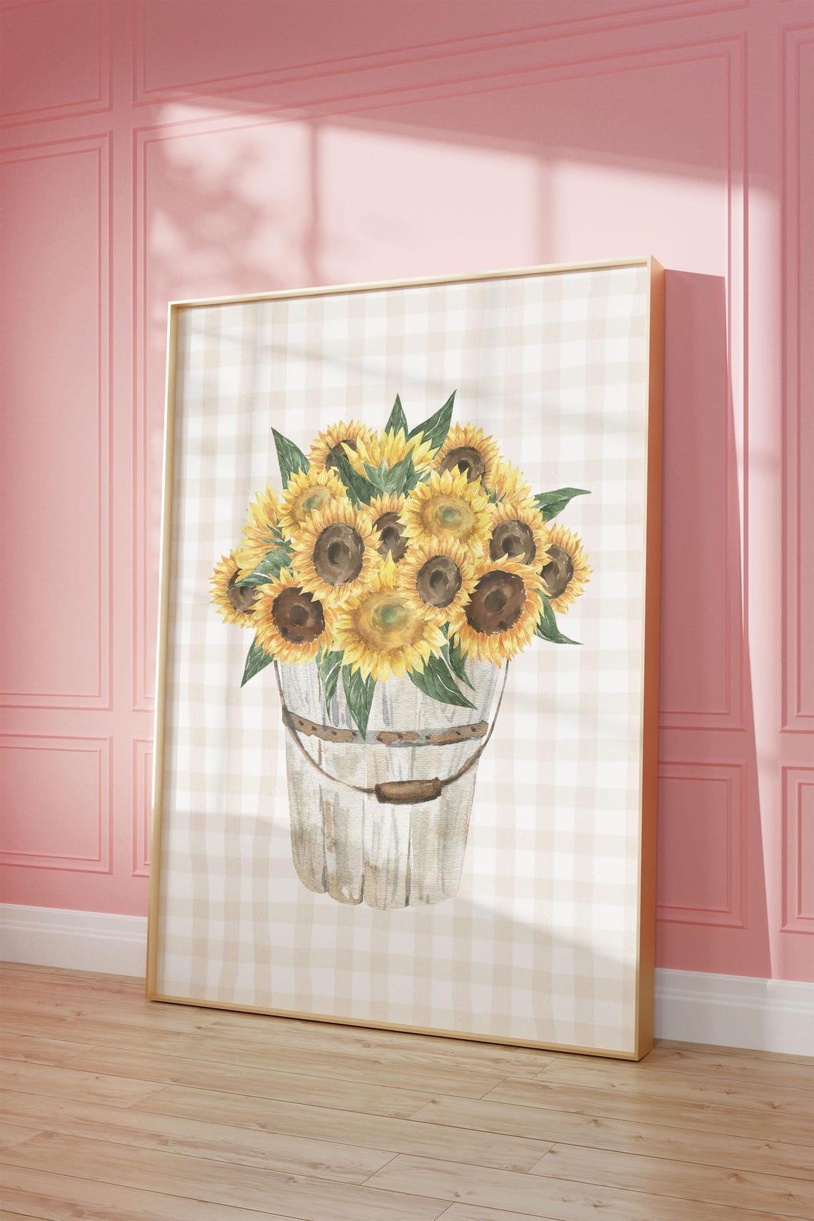 Sunflowers In White Bucket On Beige Gingham Watercolor Poster