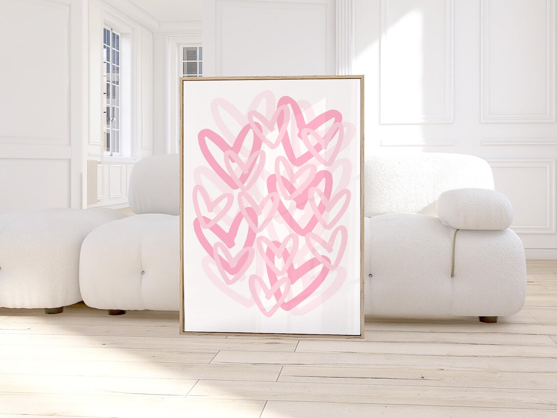Pink Preppy Hearts Art Print, Girly Dorm Decor