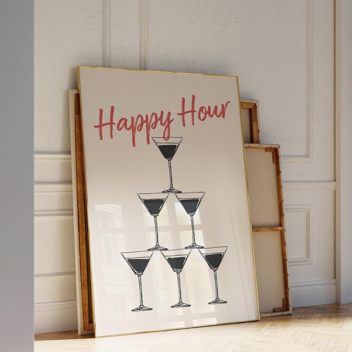 Happy Hour Red Script Martini Glass Pyramid Cocktail Bar Cart Wall Poster