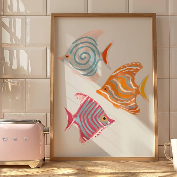 Pastel Angelfish Wall Art Print Tropical Fish Coastal Decor Ocean Watercolor Poster Beach House Bathroom Digital Download