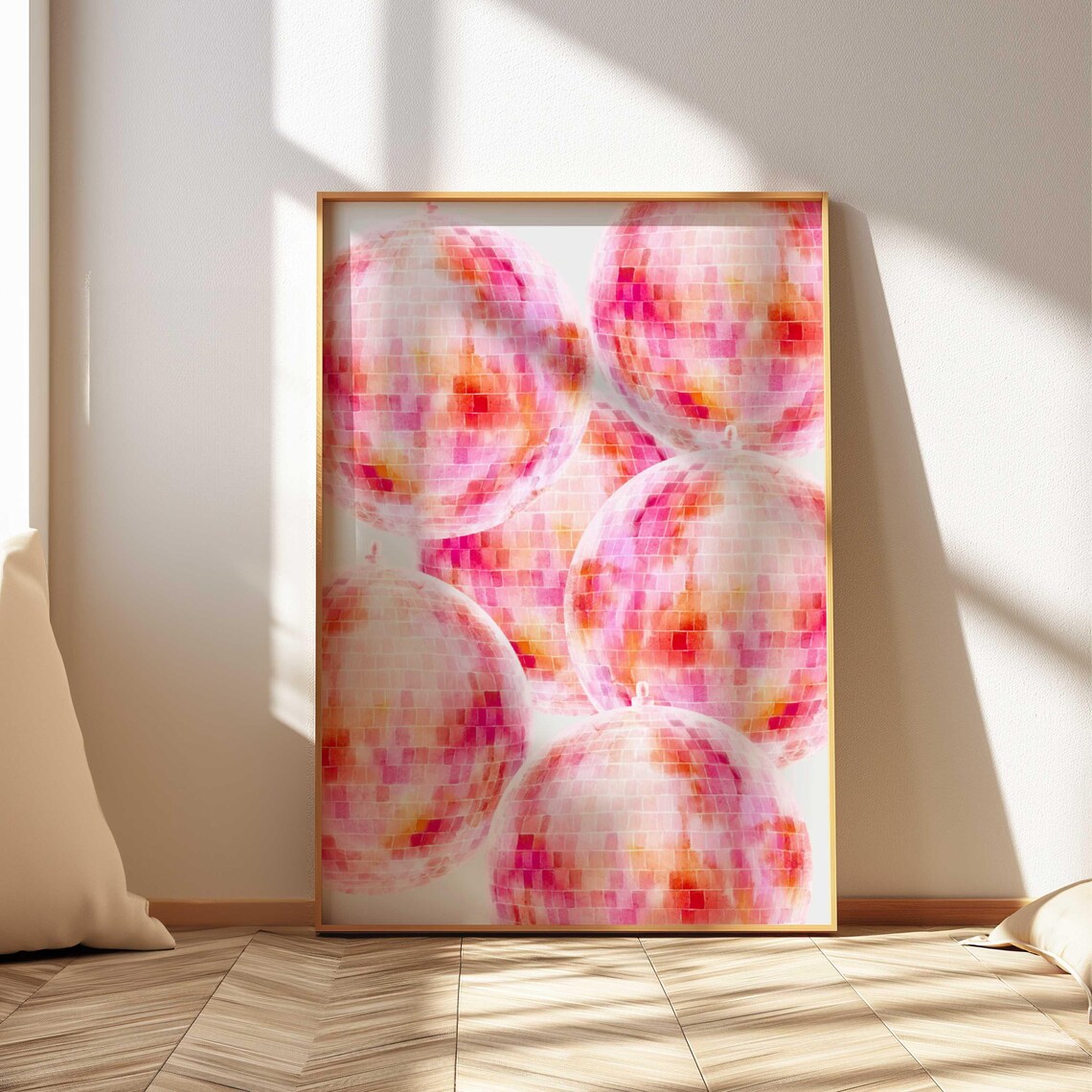 Pink Orange Disco Ball Poster Print, 70s Retro