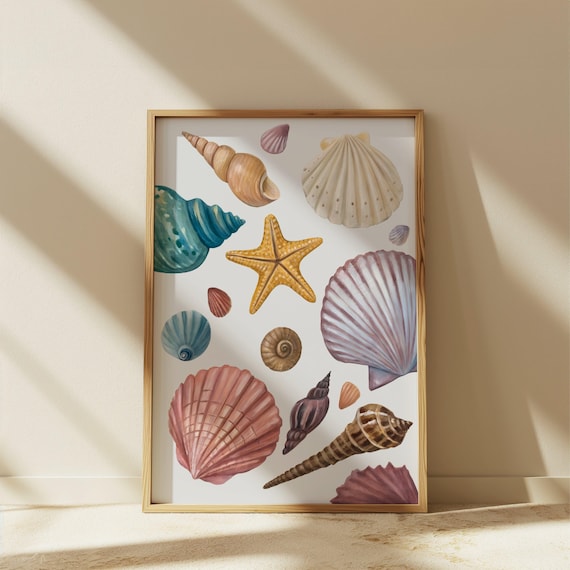 Coastal Seashell Starfish Watercolor Beach House Style Art Poster