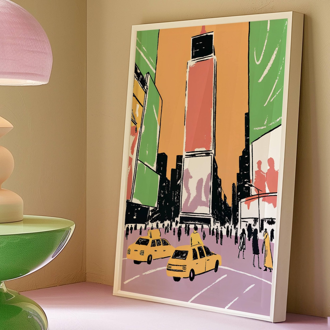 New York City Times Square Yellow Taxi Modern Colorful NYC Art Poster