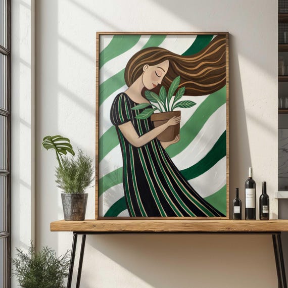 Emerald Green Woman With Plant Print Abstract Botanical Art