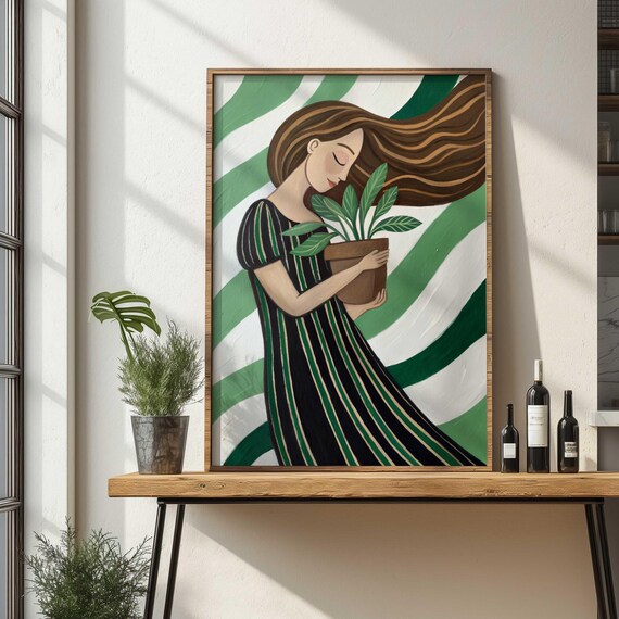 Woman Holding Potted Plant Emerald Green Botanical Abstract Wall Art