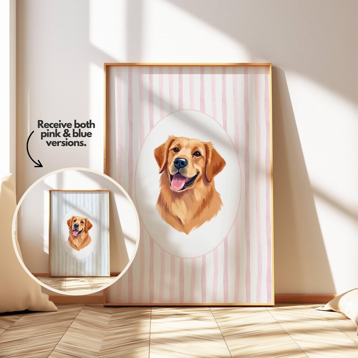 Smiling Golden Retriever Puppy Portrait on Pink Stripes Poster