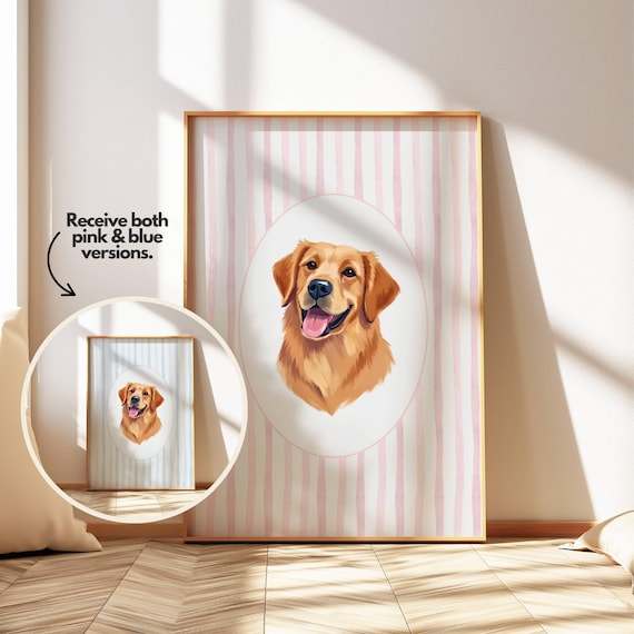 Smiling Golden Retriever Puppy Portrait on Pink Stripes Poster