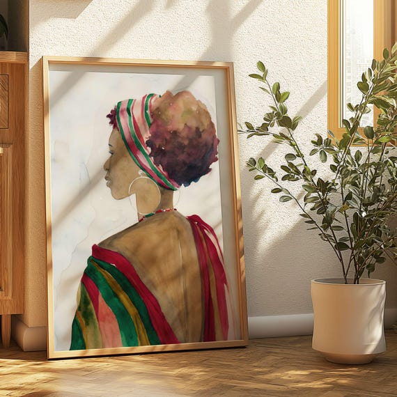 Modern Boho Woman Wall Art Printable Natural Hair Portrait Watercolor Digital Download Neutral Home Decor