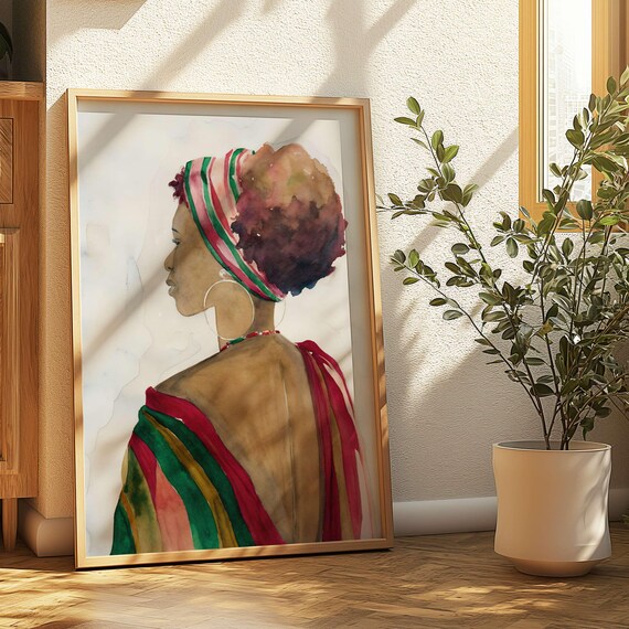 Woman in Colorful Striped Headwrap Watercolor Portrait Boho Art Poster