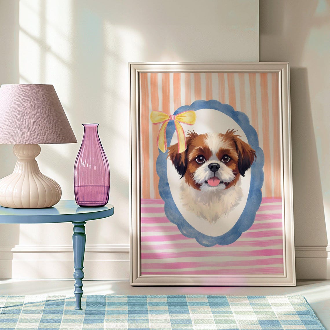 Shih Tzu Puppy Portrait with a Bow in a Pastel Oval Frame Poster