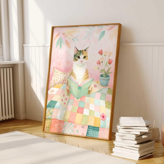 Watercolor Cat Reading Book Art Pastel Bookworm Poster Digital Download
