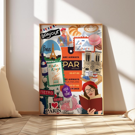Paris France Travel Collage Eiffel Tower Louvre Metro Poster