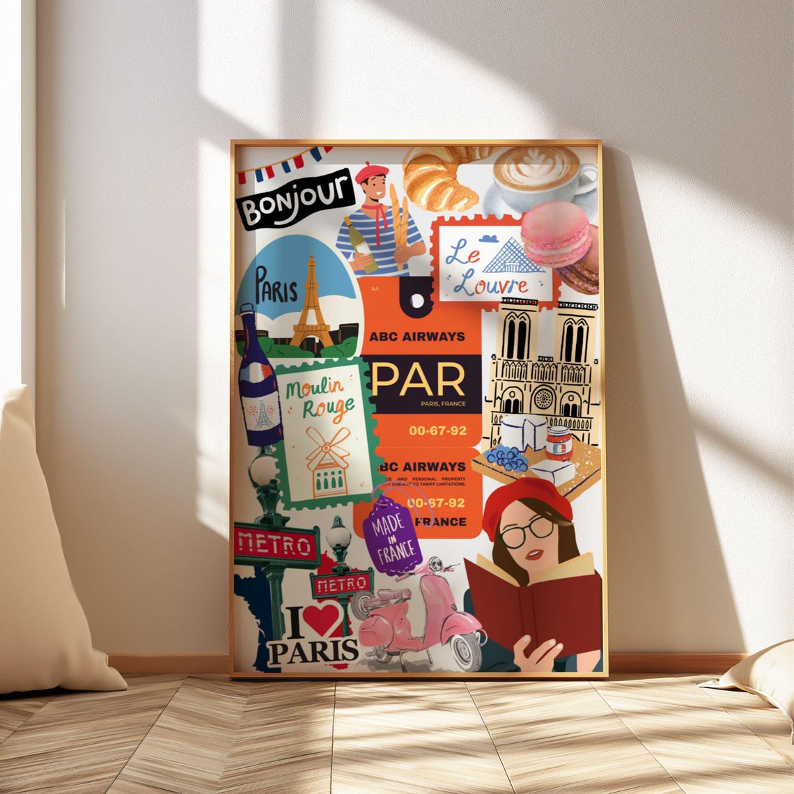 Paris France Travel Collage Eiffel Tower Louvre Metro Poster