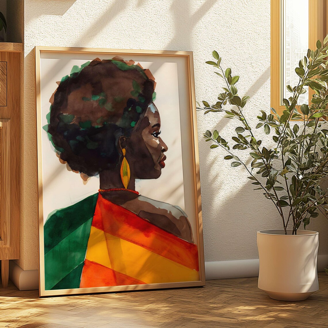 Boho Black Woman Portrait, Minimalist Decor